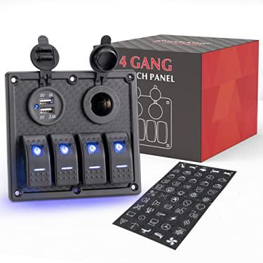 Imagem de BUNKER INDUST Interruptor De Balancim 4 Vias, Painel Alumínio Com Porta Usb Dupla, Soquete Para Carregador E Acendedor Cigarros, Luz Led Azul, À Prova D'Água, Liga/Desliga, 12V/24V Dc, Barco Marinho