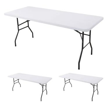 Imagem de Enjoyidea Toalha de mesa ajustada para mesas retangulares de 2,3 m - pacote com 2 toalhas de mesa brancas elásticas para piquenique ao ar livre - toalhas de mesa dobráveis elásticas de elastano 2,4 m