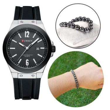 Imagem de Kit Relógio Masculino Aço Inox Curren + Pulseira Hematita
