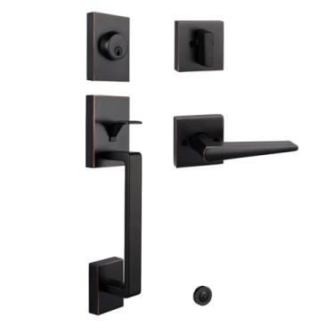 Imagem de HISAFE Conjunto de fechadura de porta frontal bronze polido a óleo para porta de entrada/traseira, conjunto de fechadura de porta externa com fechadura e alavanca, metade inferior, canhoto e direito