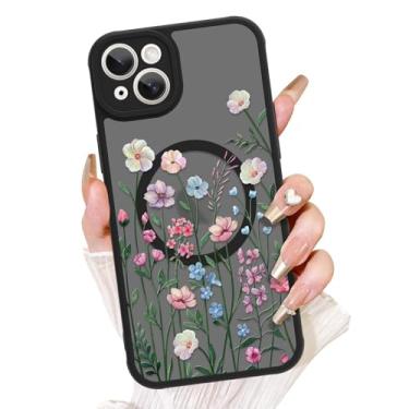 Imagem de AIGOMARA Capa floral para iPhone 15 Plus [compatível com MagSafe] Linda estampa floral com capa de telefone semitransparente para mulheres Gilrs TPU macio e PC capa protetora traseira fina para