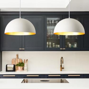 Imagem de Luminárias pendentes de cúpula grande de 40,6 cm, luzes pendentes hemisféricas brancas e douradas, ilha de cozinha, lustre de teto ajustável moderno para cozinha, ilha, sala de estar, sala de jantar