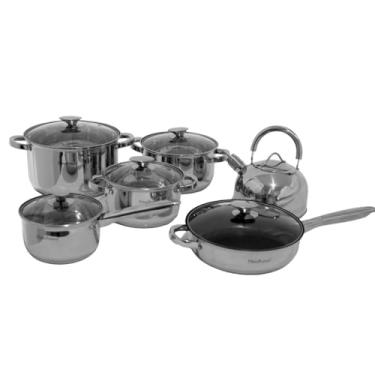 Imagem de Jogo de Panelas em Aço Inox, 6 Peças, Fundo Triplo, Inclui Caçarolas, Frigideira, Panela e Chaleira, Compatível com Indução