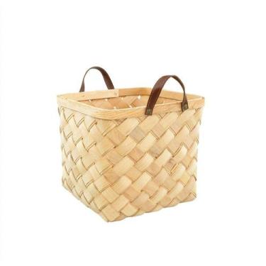 Imagem de Cesto Organizador em Madeira com Alças em Tecido de P.U 21,6x21,6x22cm