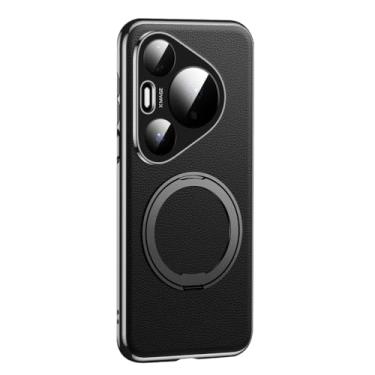 Imagem de HAOMRIYL Capa de couro genuíno para Huawei Pura 80 Ultra/80 Pro +/80 Pro/80, anel giratório magnético, capa de proteção total da lente, preta, 80 Ultra