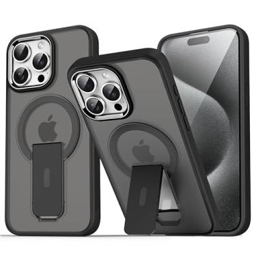 Imagem de Capa magnética translúcida fosca original com suporte para iPhone 15, 14, 13, 12, 11 Pro Max, com suporte para celular e carregador sem fio (para iPhone 15 Pro/preto meia-noite)