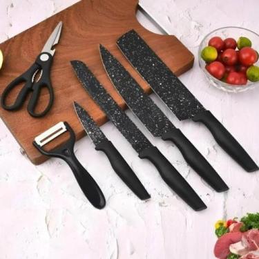 Imagem de Kit Faqueiro 6 Peças Preto Cozinha Em Aço Inox Churrasco - Kit Jogo De
