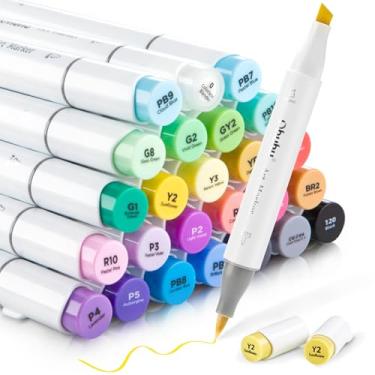 Imagem de Ohuhu Conjunto de marcadores de arte com álcool, 24 cores básicas vem com 1 liquidificador para esboços, ponta dupla marcador de esboço, marcadores de pincel à base de álcool