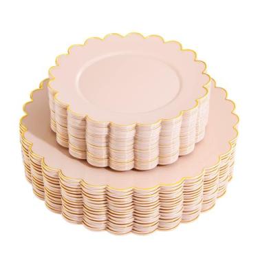 Imagem de Pratos de plástico LIYH Pink com borda dourada 60 unidades: 30 jantar 