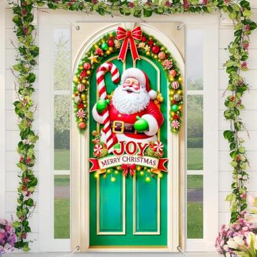 Imagem de BlissYard Banner de porta de Natal Santa Joy Merry Christmas 89,8 x 188 cm com guirlanda de bengala doce e letras de feriado para decoração de inverno de boas-vindas de floco de neve de inverno