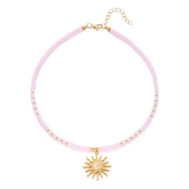 Imagem de Colar de praia com contas de cristal boho para mulheres, joia dourada com pingente de sol, colar gargantilha de verão com contas de girassol preto/verde/branco/rosa pérolas colares gargantilha moderna