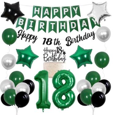 Imagem de Decoração de aniversário de 18 anos para meninos verde, Time To Adult Happy Birthday Banner Cake Topper Number 18 Balão de alumínio para suprimentos de festa de aniversário de 18 anos