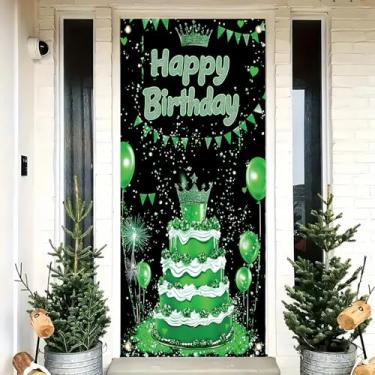 Imagem de Saoplasa Green Happy Birthday Door Cover Decoration 71 x 35 Inch Crown Cake Balloon Banner for Girls Boys Birthday Party Supplies Sparkle Glitter Backdrop Wall Decor for Celebration Photo Booth