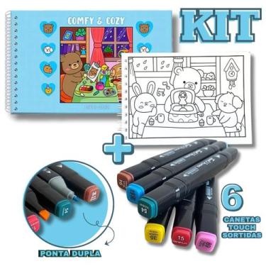 Imagem de KIT Livro de Colorir Comfy e Cozy - AZUL + 6 Canetas Touch Pontas Dupl