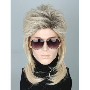 Imagem de LeMarnia Peruca masculina de fantasia dos anos 70 e 80, dourada, preta, tainha para homens, tema de Halloween, peruca de festa