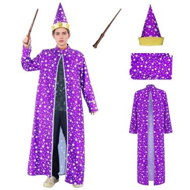 Imagem de EDAUWAE Wizard Costume Adults Wizard Cloak Stars Magician Cape Wizard Hat Cloak Magic Wand Halloween Costume S