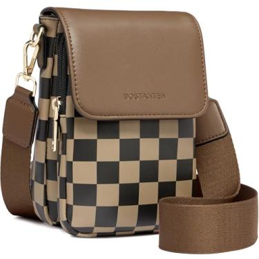 Imagem de BOSTANTEN Bolsas pequenas transversais femininas para celular, carteira de couro com compartimentos para cartões, Café xadrez A08, Bolsa para celular