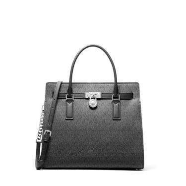 Imagem de Michael Kors Hamilton Bolsa grande, ferragens prateadas/Sarja revestida com assinatura Tonal MK/Preta