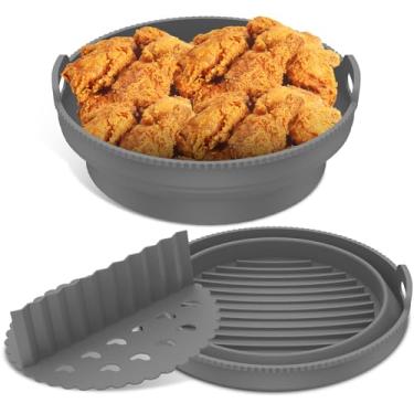 Imagem de Pacote com 2 forros reutilizáveis de silicone para fritadeira a ar com divisória, forros redondos dobráveis de silicone para fritadeira a ar, forros dobráveis de 21 cm, cesta de fritadeira a ar para
