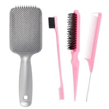 Imagem de Escova De Cabelo Raquete Flex Hair Desembaraçante Redutor De Frizz E Anti Quebra Cerdas Macias Todos Os Tipos De Cabelo + Pente Para Penteado Baby Hair 2 Em 1 + Escova 3 Fileiras + Escova Separadora De Mechas (Cinza Perolado + 3 Pentes)