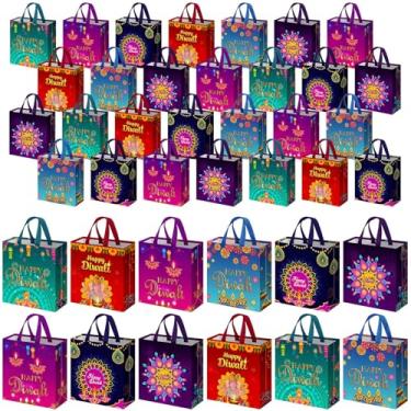 Imagem de Wesnoy 48 sacos de presente Happy Diwali, reutilizáveis, não tecidos, tema Diwali, sacos com alças para festival indiano de luz e lembrancinhas de festa, 29 x 26 x 11 cm