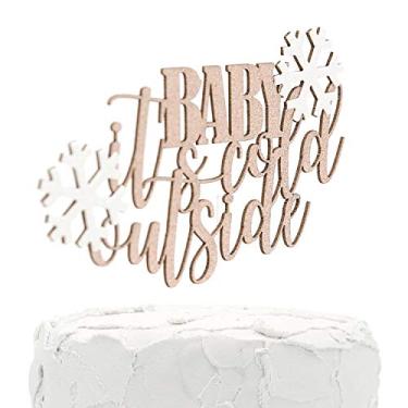 Imagem de NANASUKO Topo de bolo para chá de bebê - BABY it's cold outside - Glitter dourado rosa dupla face com flocos de neve brancos - Qualidade premium feita nos EUA