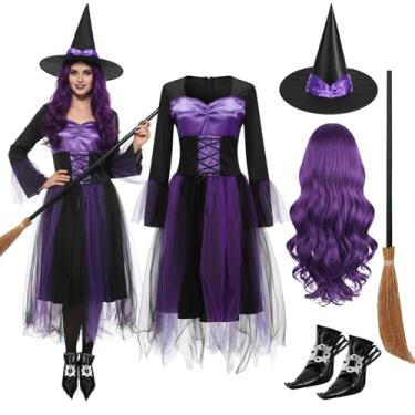 Imagem de Maiteenly Conjunto de fantasia de bruxa com chapéu de bruxa, peruca cosplay, vestido, vassoura, capas de sapato para mulheres vestido de Halloween (roxo, G)