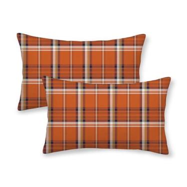 Imagem de Capas de almofada de outono 30,5 x 50,8 cm conjunto de 2 almofadas xadrez laranja azul marinho para uso externo colheita de ação de graças fronhas de linho para casa de fazenda, cama, sofá, sofá
