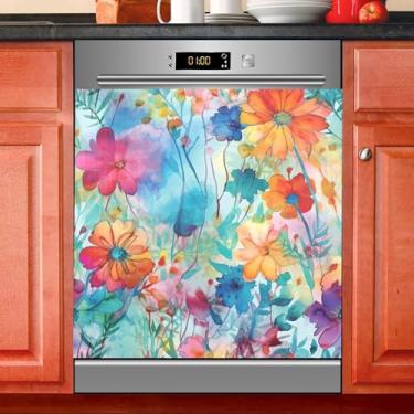 Imagem de Adesivo de capa magnética de ímã de lava-louças com flores coloridas e bonitas, painel de geladeira para porta da frente, decalque de micro-ondas decorativo