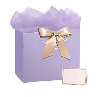 Imagem de PrintGuru Bolsa de presente roxa grande de 33 cm com alças, bolsa de presente de aniversário com papel de seda e cartão comemorativo, bolsa de aniversário para mulheres e meninas, perfeita para