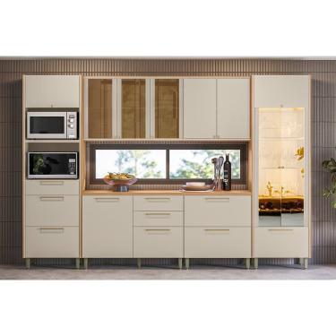 Imagem de Cozinha Modulada Completa Atena 6 Peças (2Aéreos+2Balcões+1Cristaleira+1TorreQuente) CP02 Jequitiba/Off White Fosco - Linea Brasil