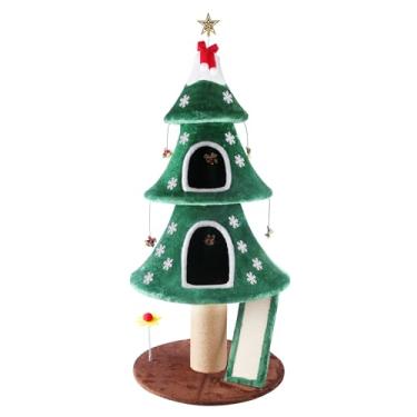 Imagem de Goldshire Árvore de Natal para gatos de 134 cm, torre para gatos com 2 condomínios e postes de arranhar de sisal para ambientes internos, móveis para gatos com design de árvore de Natal, com brinquedo