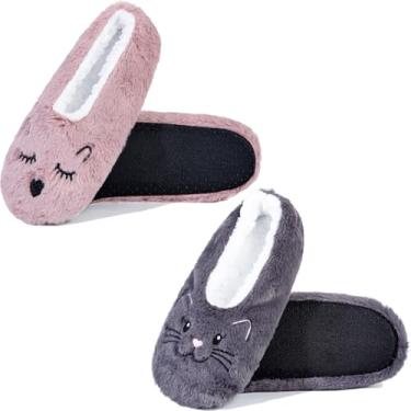 Imagem de GLENMEARL 2 pares de meias femininas com aderência, sola macia, antiderrapante, para o inverno, quente, casa, quarto, chinelos internos, Cinza + rosa, 7.5-9.5