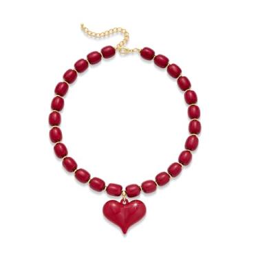 Imagem de FILMOON Colar com pingente de coração inchado vermelho em tom âmbar, colar com contas grossas, presente de joia