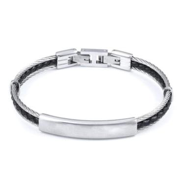 Imagem de Bracelete Aço 2 Tira Torçido 1 Couro Preto Trançado