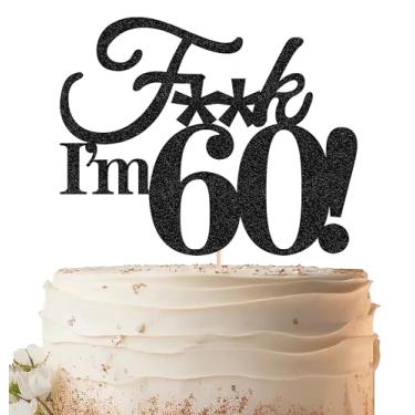 Imagem de EONNCNT Topo de bolo de aniversário de 60 anos - suprimentos de decoração de bolo de festa de 60 anos engraçados com glitter preto, decoração de bolo de torcida para 60 anos para mulheres e homens