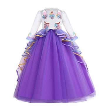 Imagem de FMYFWY Fantasia de unicórnio para meninas, aniversário, concurso, festa, Halloween, Natal, manga comprida, maxi tule, vestido de baile de casamento roxo 12-13 anos
