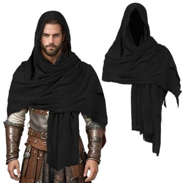 Imagem de ZZXIAOJIE Capa de xaile medieval com capuz, cachecol renascentista, vintage, pirata, capa de feiticeiro, fantasia de cosplay de Halloween, Preto, Tamanho Único