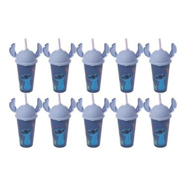 Imagem de Kit 10 Copos Stitch e Angel 500ml Com Tampa Ludica Canudo Orelhinha pa