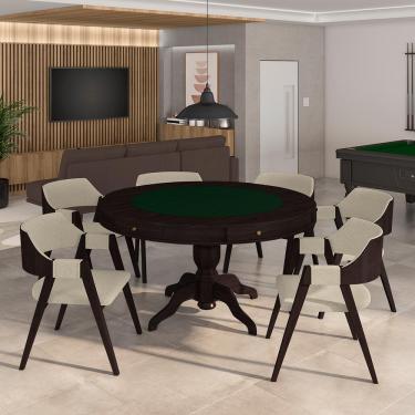 Imagem de Conjunto Mesa de Jogos Carteado Bellagio Tampo Reversível Verde e 6 Cadeiras Madeira Poker Base Estrela Linho OffWhite/Tabaco G42 - Gran Belo