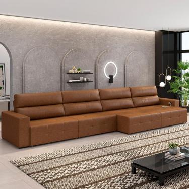 Imagem de Sofá Retrátil 6 Lugares 404cm 4 Módulos Nero com USB Couro Manchado Claro G52 - Gran Belo
