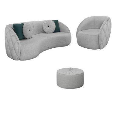 Imagem de Conjunto Decorativo Sofá 288cm e Poltrona Clarke com Puff Round Linho Cinza - Gran Belo