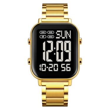 Imagem de Relógio esportivo masculino clássico unissex digital multifuncional com pulseira de aço inoxidável quadrada, à prova d'água, relógio eletrônico de LED, Dourado, Medium, Digital
