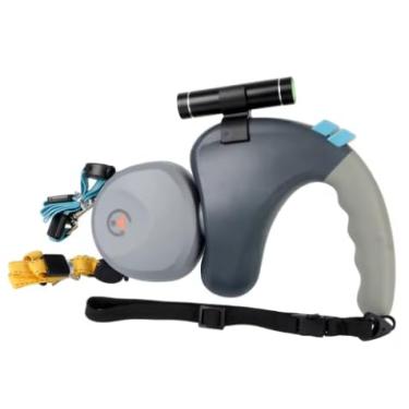 Imagem de Guia Dupla Retrátil para Cachorros com LED, 3 Metros, Rotação 360 Graus, Coleira com Lanterna, Ideal para Passeios Noturnos, 22cm x 12.7cm (Cinza)