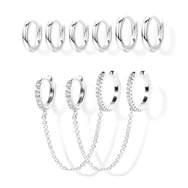 Imagem de Poxtex Brincos de argola de corrente de prata para mulheres, corrente de piercing duplo, conjunto de brincos de argola para cartilagem de pilha pequena para piercings múltiplos, conjunto de joias de
