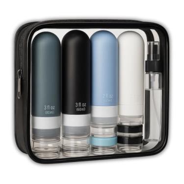 Imagem de Kit Frascos Reutilizáveis com Necessaire para Viagem – Silicone Macio, à Prova de Vazamentos, Ideal para Cosméticos, Cremes, Shampoo, Loções e Viagens Aéreas. (Preto)