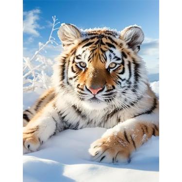 Imagem de Zariocy Kits de arte de diamante 5D para adultos tigre, arte de pintura de diamante faça você mesmo animal redondo broca completa diamante bordado pinturas artísticas artesanato para decoração de