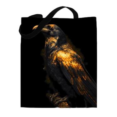 Imagem de Bolsa de ombro preta e dourada com estampa de animal - Crow Aesthetic Canvas - Bolsa de ombro preta dourada reutilizável para compras, trabalho, viagem, praia