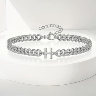 Imagem de Tornozeleiras femininas com inicial de prata, preenchidas com ouro 14K, tornozeleiras de elos cubanos para mulheres, tornozeleiras de ouro feitas à mão para mulheres, pulseiras de tornozelo de ouro