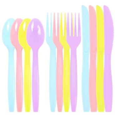 Imagem de FULJOOY Conjunto De Talheres Plástico Pastel Com 180 Peças, Utensílios Descartáveis Pesados, Incluindo Colheres, Garfos E Facas Para Aniversários, Festas Casamento Jantares, Cores Macaron